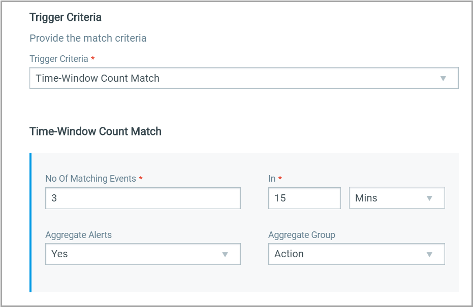 Create New Rules screen - Options for Time-Window Count Match trigger criteria.