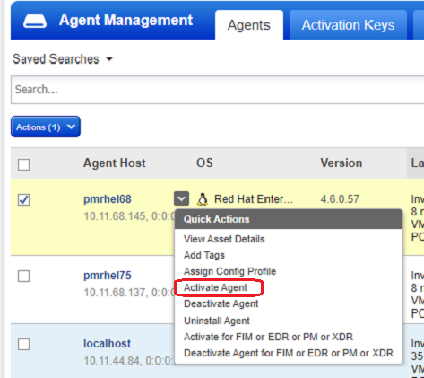 Activate for VM menu option under Quick Actions for an agent.
