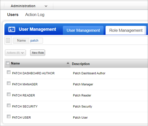 Role Management tab in the Administration module shows the default patch management roles.