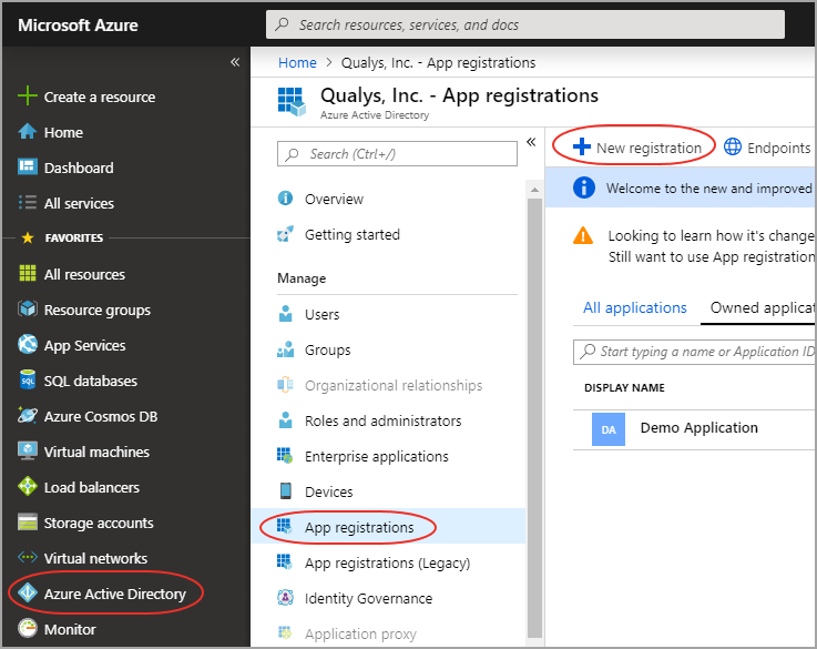 Path options on Azure Portal to create a new application.