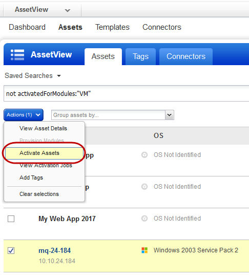 Activate assets option on Quick Actions menu.