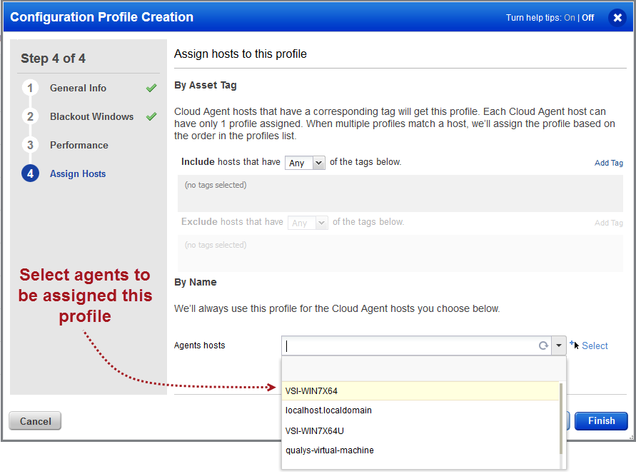 Configuration profile creation wizard - Assign hosts to a profile.