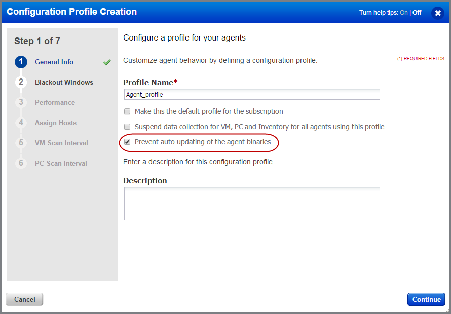 CA configuration profile - Blackout Windows pane - Prevent auto updating of agent binares.