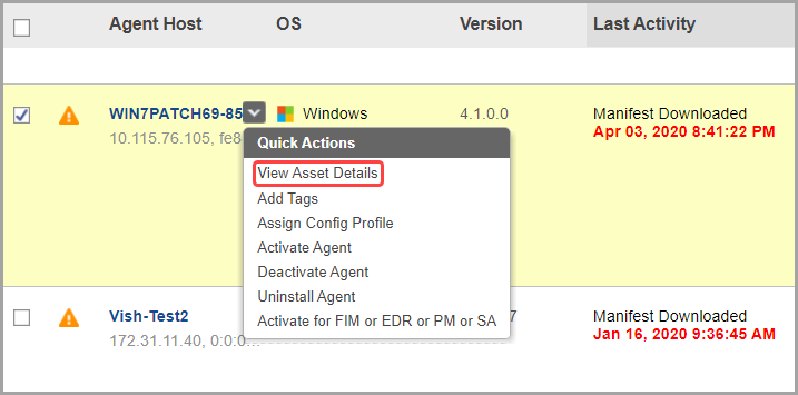 Quick actions - View Asset Details option for an asset.