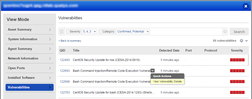 Quick Actions - View Vulnerability Details for a Vulnerability.