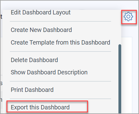 Export dashboard menu