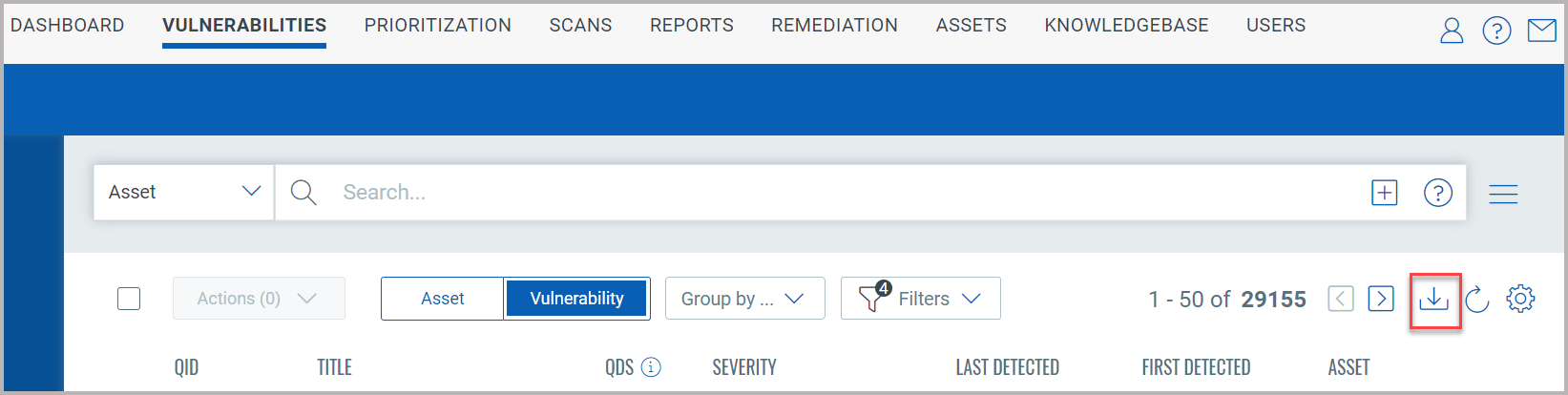 The download button used to download the vulnerability details in CSV format.