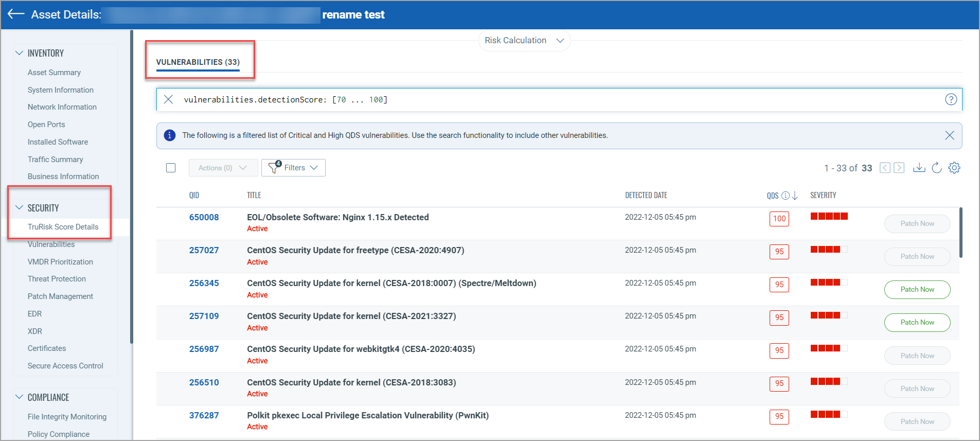 TruRisk score details about vulnerbailities in Asset Details page.