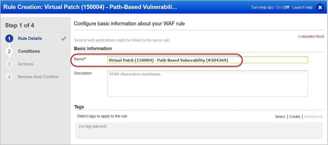 Rule creation Virtual Patch wizard: rule name for virtual patch installation.