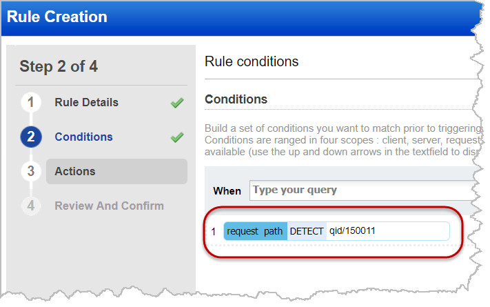 Rule creation wizard showing creating condition using detect operator.