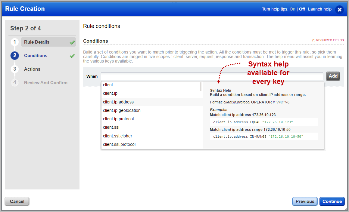 The Rule Creation wizard showing keys and syntax help for keys.