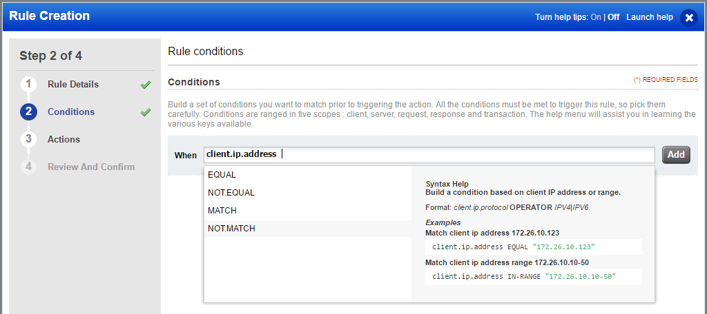 The Rule Creation wizard showing available operators for the client.ip.address key in the Conditions tab.