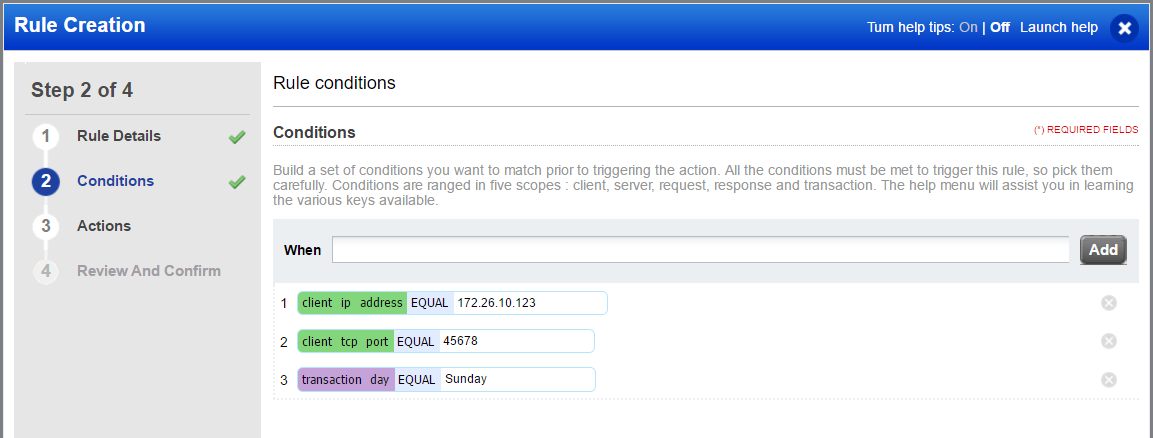 The Rule Creation wizard showing multiple conditions for the rule in the Conditions tab.