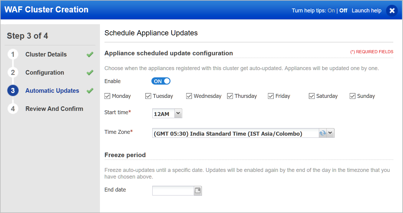 WAF Cluster Creation wizard: Automatic Updates tab showing settings for scheduling appliance updates.