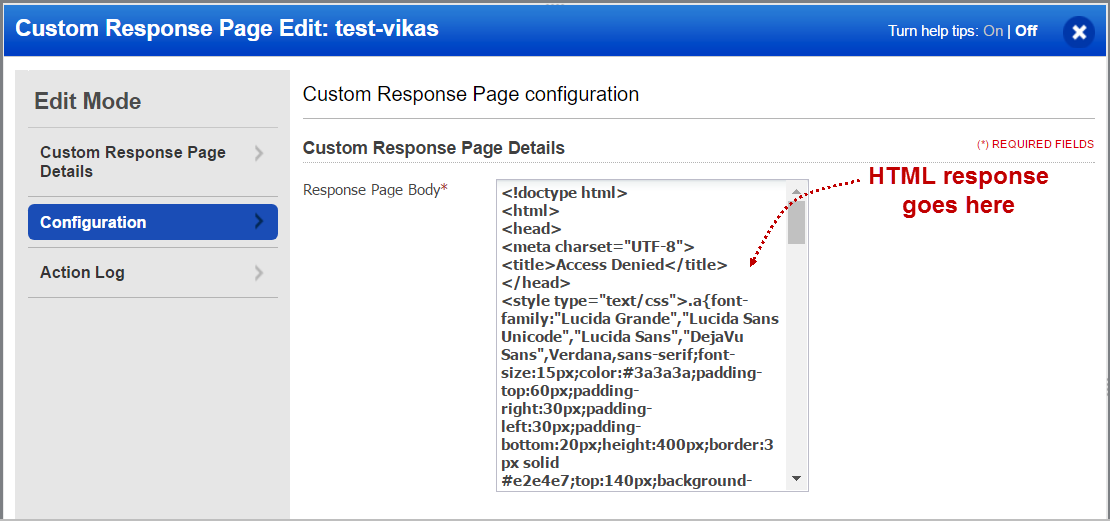 Custom Response Page Creation wizard showing cofiguring HTML Response in the Configuration tab.