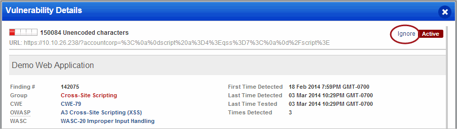 Ingore link in the Vulnerability Details window.