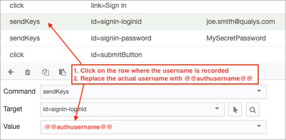 The Send key command in the Selenium script selected and the value field shows the username parameter.