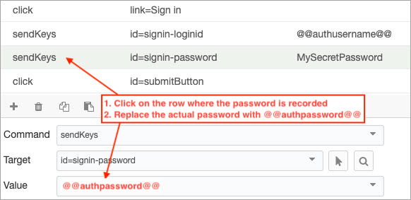 The Send key command in the Selenium script selected and the value field shows the password parameter.