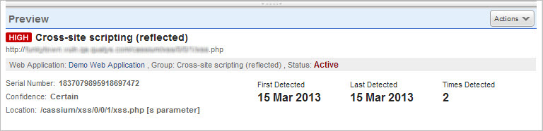 Preview pane displaying the details of the burp issue you selected from the detection list.