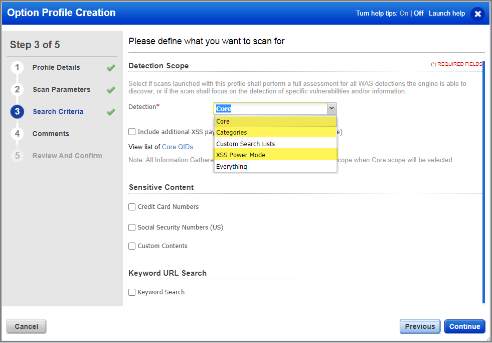 The Search Criteria tab shows the detections that can be customized.