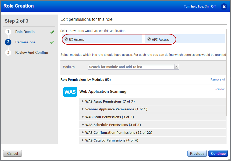 UI and API access options in Permissions pane when you create a role.