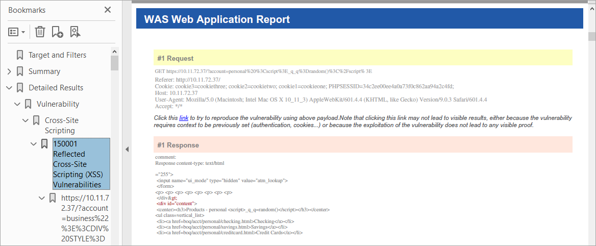 Sample Web Application Report in PDF format with full request headers and full request body for vulnerabilities