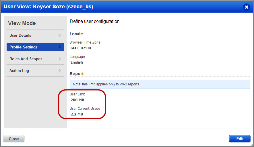 User limit and disc space used by user is displayed in Report section of the profile settings.