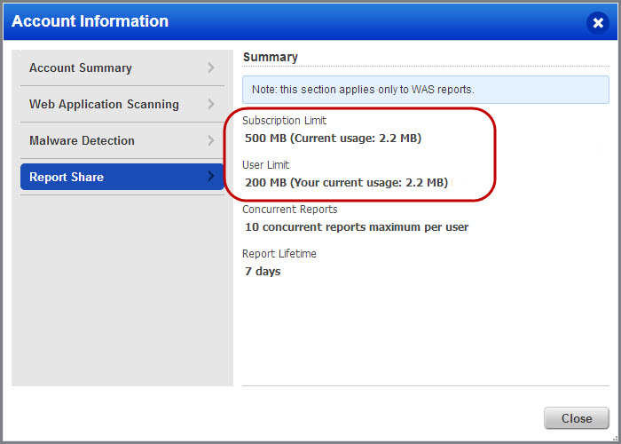 Summary section of the Report Share displays limits for subscription and user.