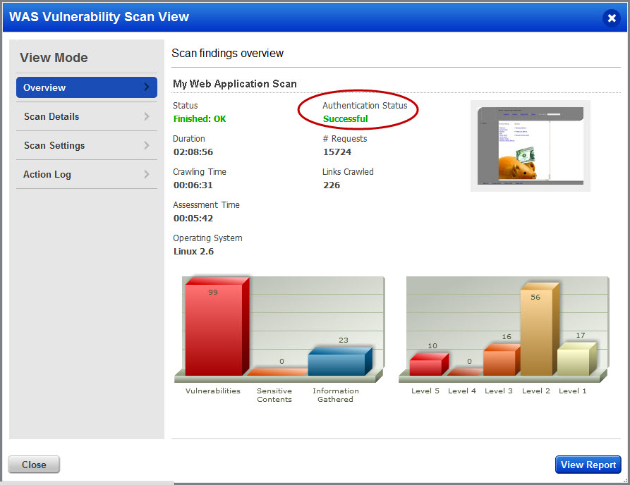 The overview pane in scan view displays the authentication status for the WAS scan.