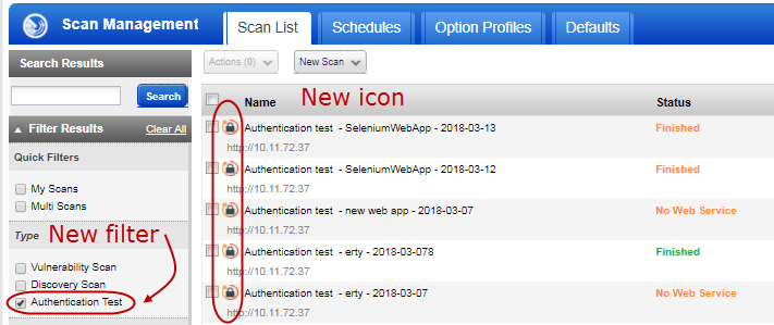 Filter named Authentication Test in left pane to filter authentication test scans.
