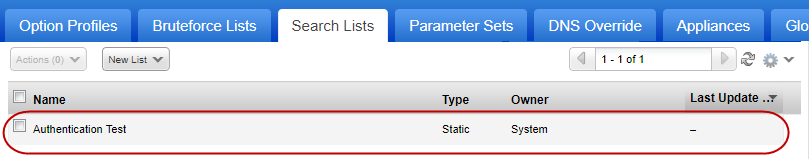 System search lists named Authentication Test is listed in Search Lists tab.