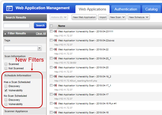 Various filters for Schedules available in the left pane of Web Applications tab.