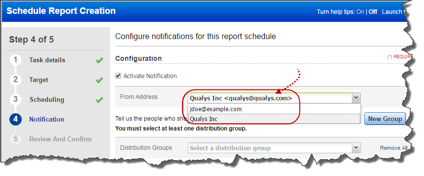 Choosing email address to configure notification for scheduled reports.