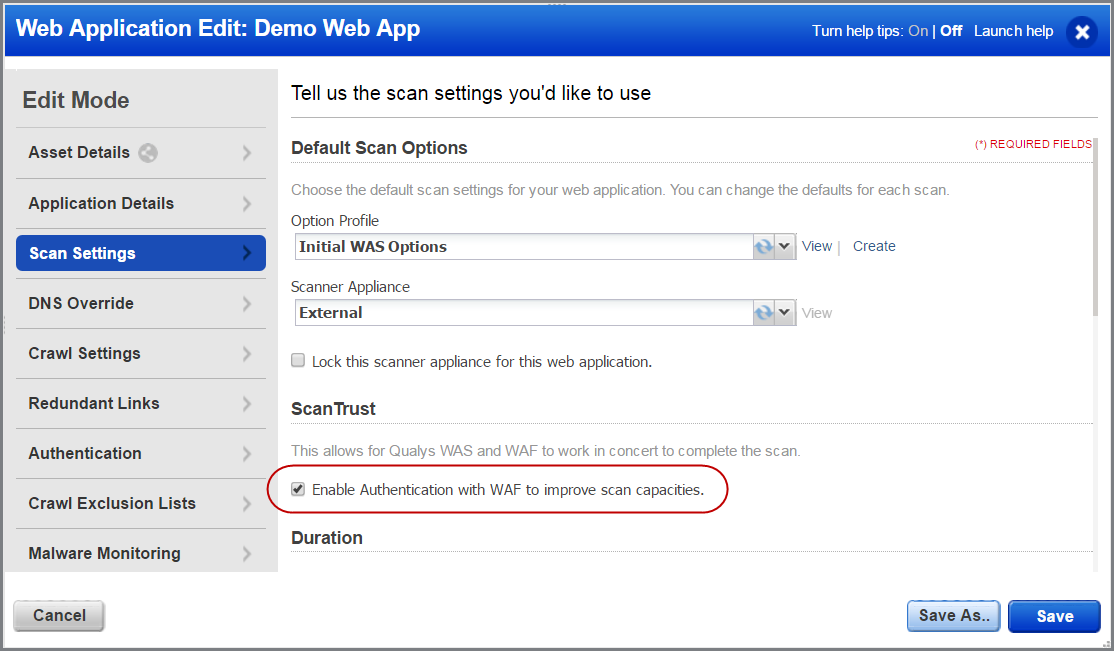 ScanTrust option in Scan Settings pane when you create or edit a web application.