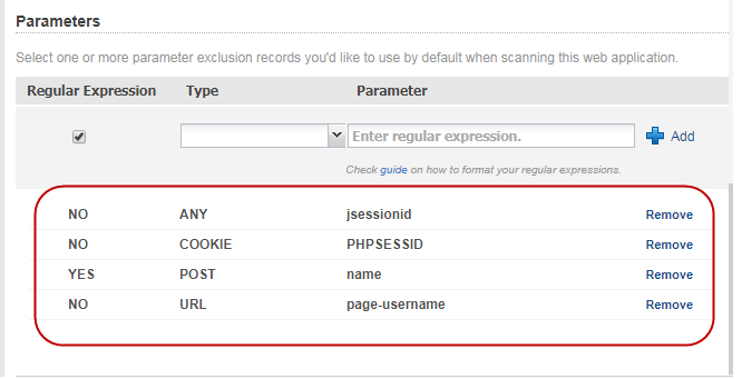 Examples of parameter exclusion records in global exclusion list.