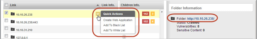 Quick Action menu for a web application link.