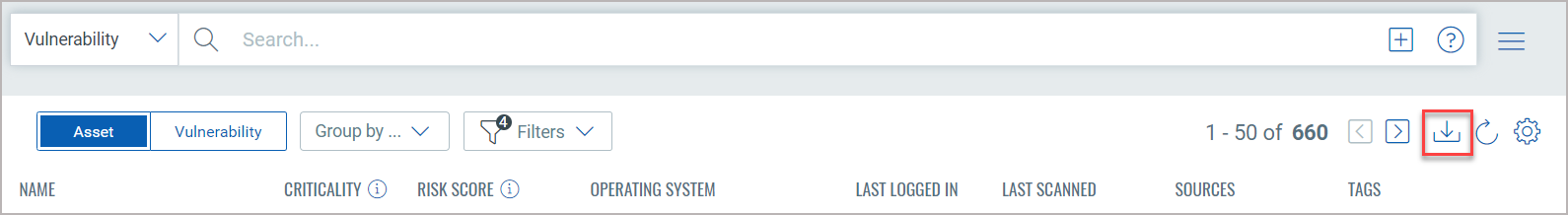 ダウンロードボタンを使用して、アセット検索結果を CSV 形式でダウンロードできます。