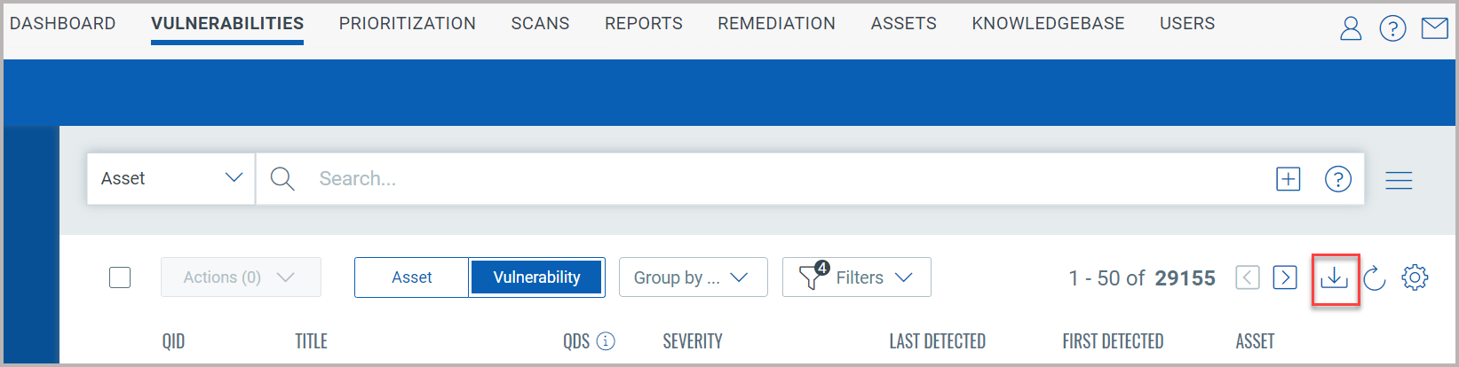 脆弱性詳細を CSV 形式でダウンロードするためのボタン。