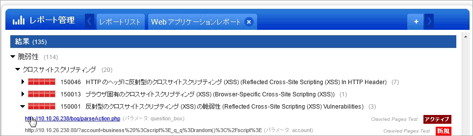 Web アプリケーションレポートの「結果」項の脆弱性。