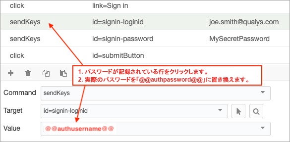 Selenium スクリプトの Send key コマンドが選択され、値フィールドにユーザ名パラメータが表示されています。