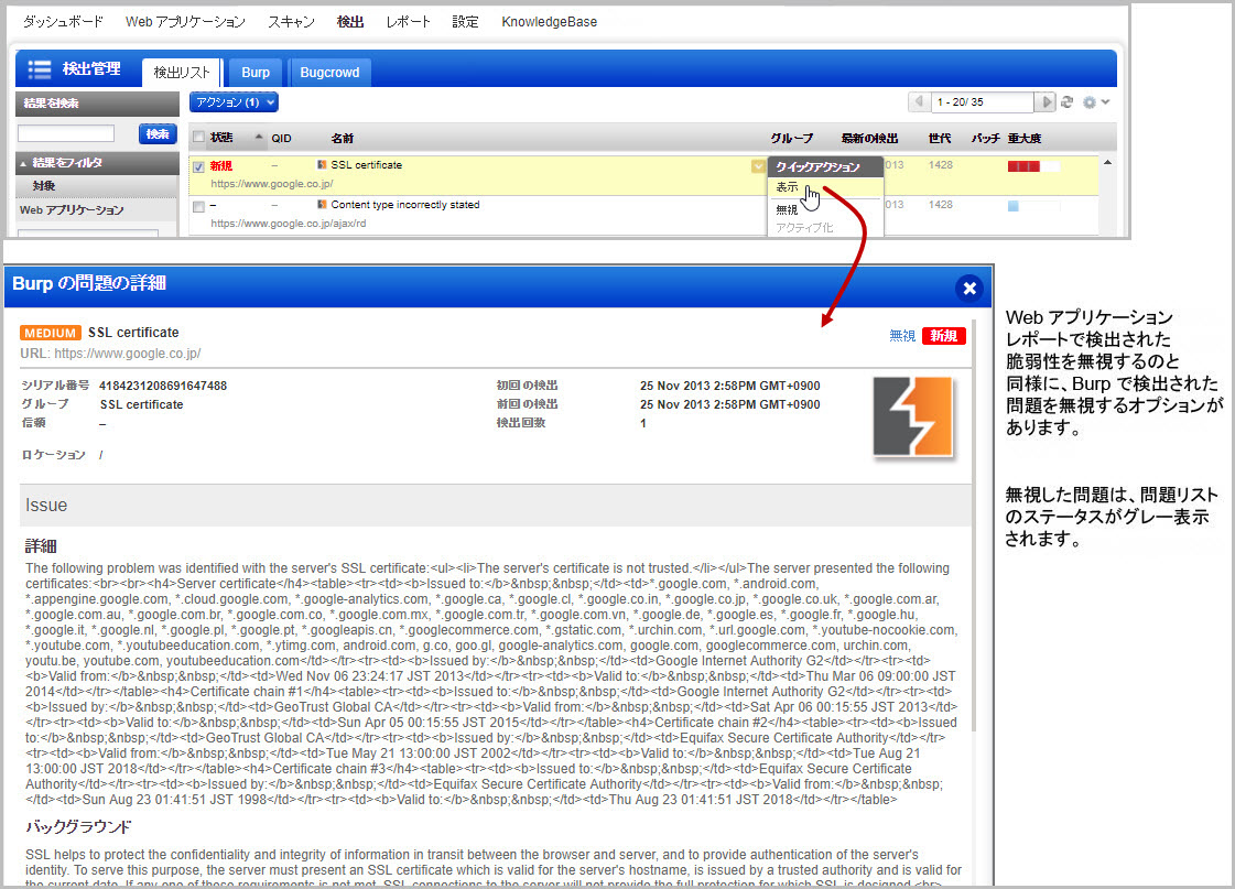 「クイックアクション」メニューを使用して Burp 問題の詳細を表示。