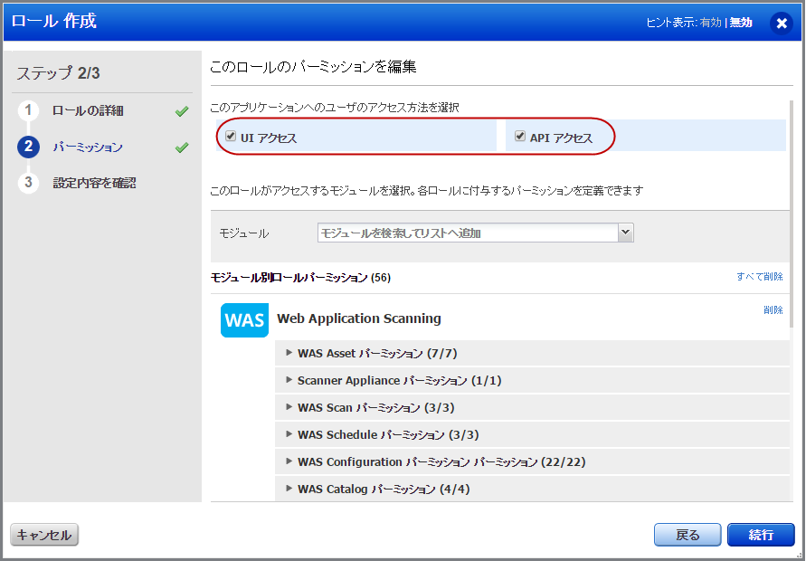 ロールを作成する場合のパーミッションペインの UI および API アクセスオプション。