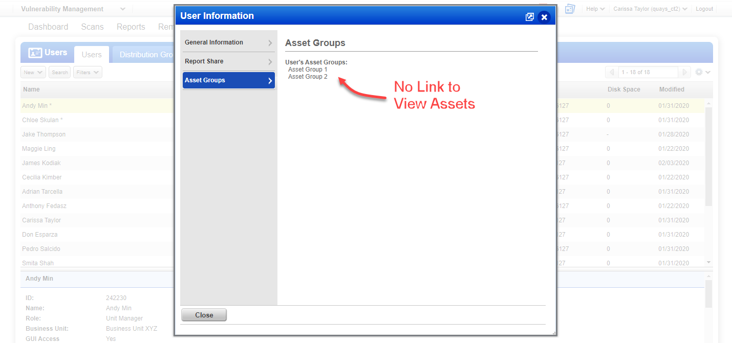 User Information with no link to view assets