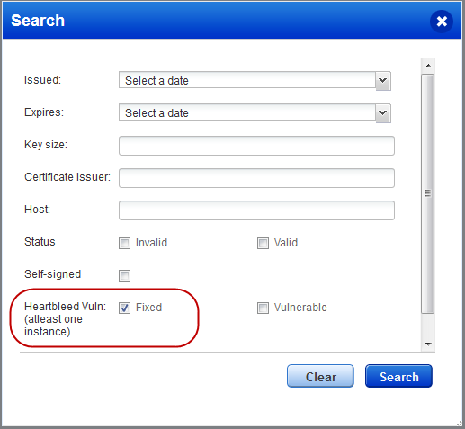 Search pane with Fixed checkbox to find remediated hosts