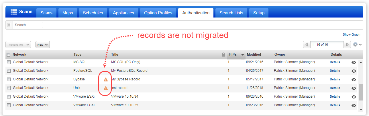 Authentication records list with indicator that some records are pending migration