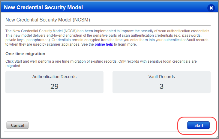 New Credential Security Model setup page - Start button