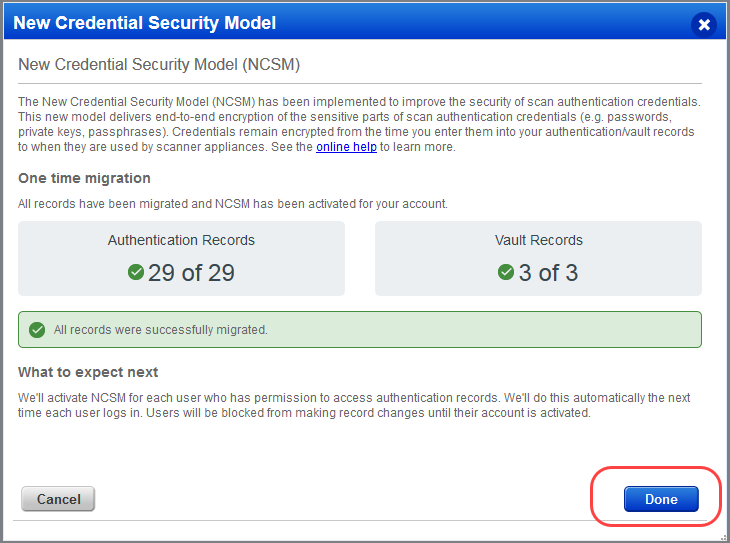 New Credential Security Model setup page - Done button