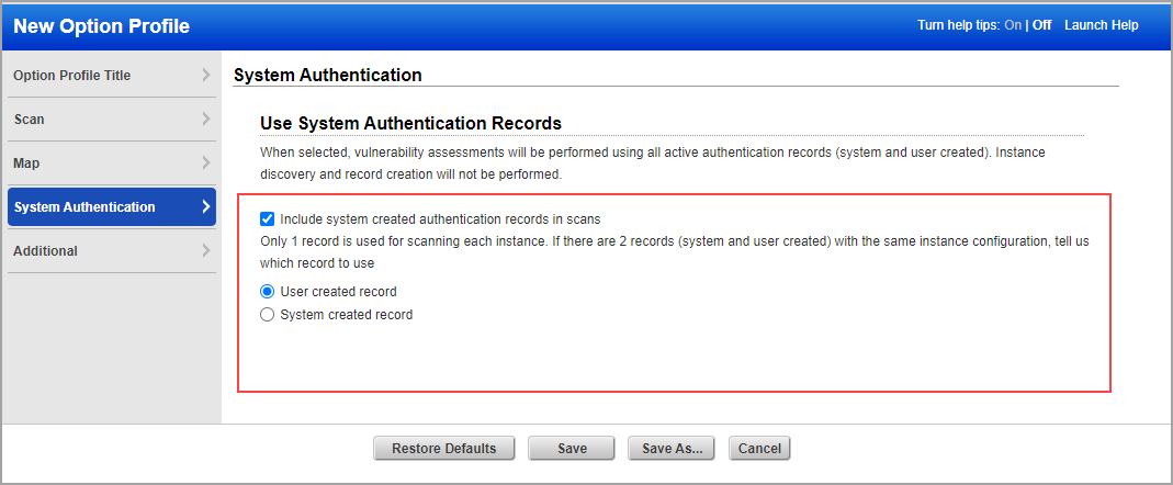profile with Include system created authentication records in scans enabled