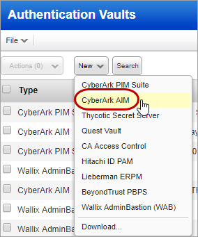 CyberArk AIM option on New menu under Authentication Vaults