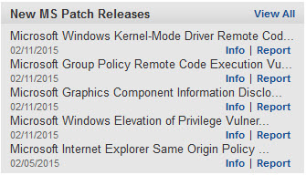 Close up view of New MS Patch Releases widget on dashboard